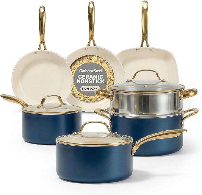 Gotham Steel 12 Pc Ceramic Cookware Set Nonstick, Ceramic Pots and Pans Set Non Stick with Steamer for Cooking, Non Toxic PFOA PFOS Free, Premium Stay Cool Handles, Oven & Dishwasher Safe