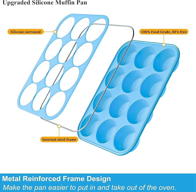 Bangp 2Pack Silicone Muffin Pans for Baking with Metal Reinforced Frame,12 Cup Regular Size Cupcake Pans,Premium Nonstick Food Grade Silicone Muffin Tray for Muffin,Cakes,Tart,Egg Bites