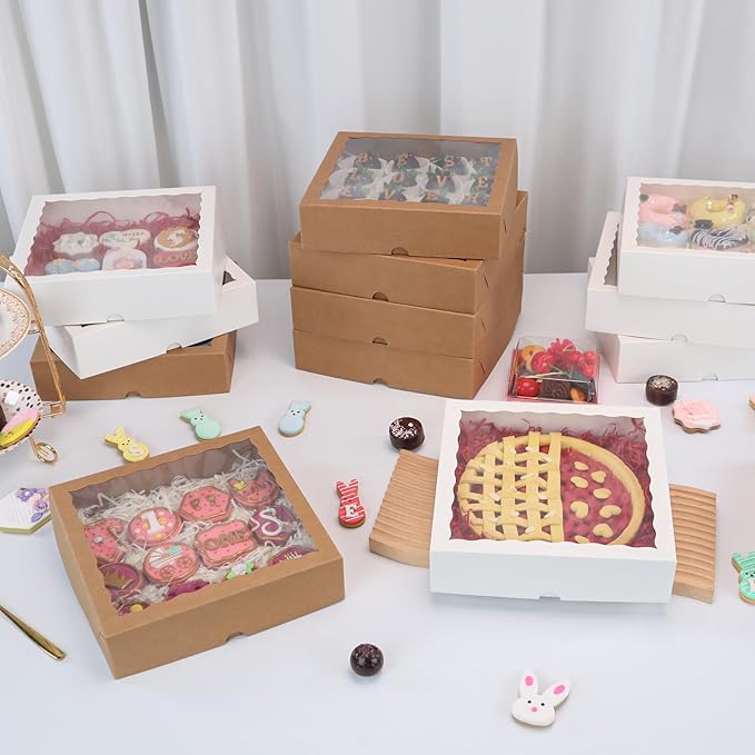 Brown Bakery Boxes with Window (36pcs, 9x9x2.5 Inch) for Christmas: Ideal for Pie, Cookies, Chocolate Covered Strawberries, Breakable Heart & Charcuterie