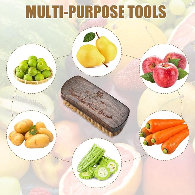 Vegetable and Fruit Brush With Wood Handle - Scrubber for Potato, Mushroom, Carrot, Corn and Food