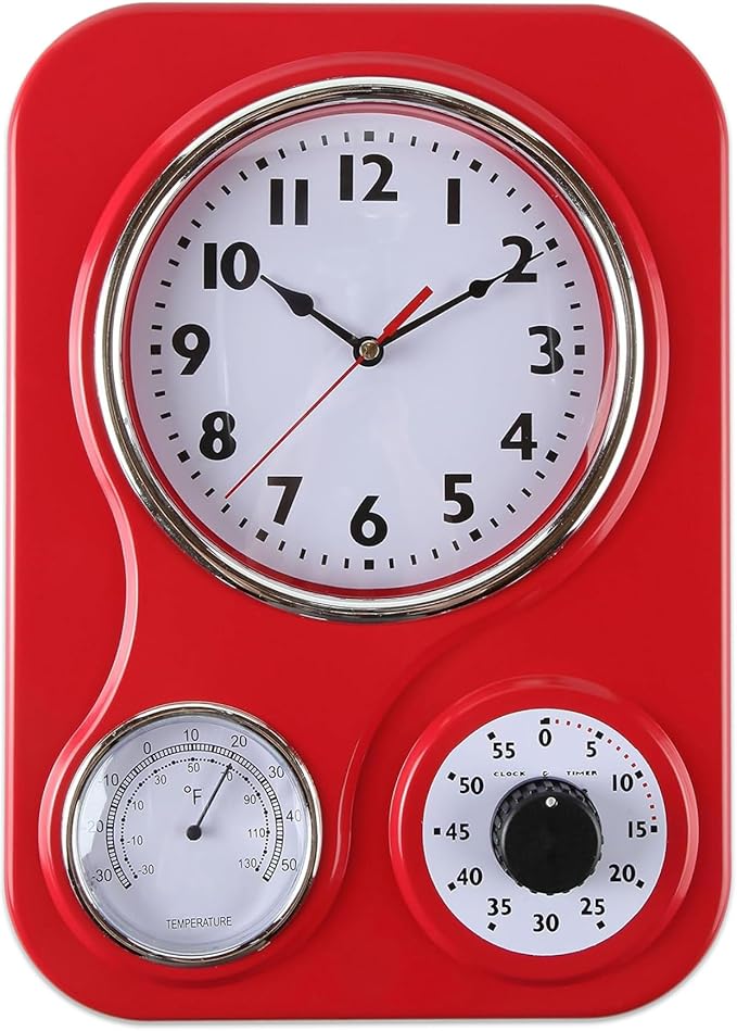 Lily's Home - 9.5 Inch x 12.5 Inch - Retro Kitchen Wall Clock, Vintage Wall Clock with a Thermometer and 60-Minute Timer, Ideal for Any Kitchen, Office, or Diner (Red)