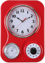 Lily's Home - 9.5 Inch x 12.5 Inch - Retro Kitchen Wall Clock, Vintage Wall Clock with a Thermometer and 60-Minute Timer, Ideal for Any Kitchen, Office, or Diner (Red)