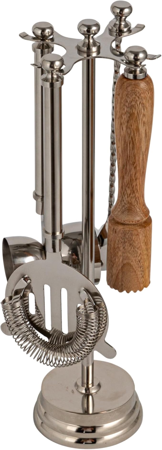 Creative Co-Op 5-Piece Stainless Steel and Mango Wood Bar Tools with Stand, Nickel Finish and Natural