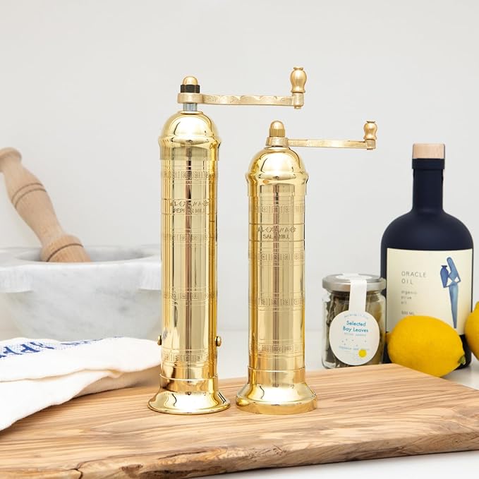 Alexander Home Original Greek Pepper Mill, 9-Inch Brass – European Manual Pepper Grinder, Refillable, with Polishing Cloth