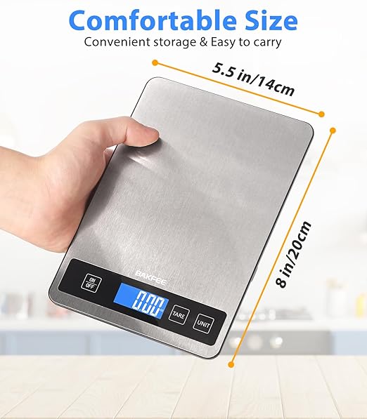 Food Scale - 15kg/33lb Rechargeable Digital Kitchen Scale with Full-View LCD Display, Grams and Ounces, Type-C or Batteries, Easy Clean Stainless Steel, for Baking, Cooking & Meal Prep, Black