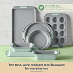 Pyrex (3-Piece) Metal Cookie & Muffin Sheet Bakeware Set, Lightweight Stainless Steel Baking Trays with Heatsafe Silicone Handles, Cookie Muffin Sheet Baking Pan, Sage