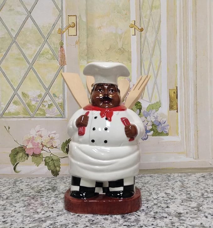 ACK Happy Bistro Chef Hand Painted Ceramic Utensil Jar, Utensil Holder, Utensil Crock, Modern Kitchen Decor, Kitchen Storage for for Spoon, Ladle, Spatula and More