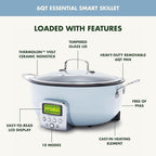 GreenPan Elite Essential Smart Electric 6QT Skillet Pot,Sear Saute Stir-Fry and Cook Rice, Healthy Ceramic Nonstick and Dishwasher Safe Parts, Easy-to-use LED Display, PFAS-Free, Blue Haze