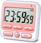 KTKUDY Digital Kitchen Timer with Mute/Loud Alarm Switch ON/Off Switch, 12-Hour Clock & Alarm, Memory Function Count Up & Count Down for Kids Teachers Cooking, Large LCD Display, Strong Magnet (Pink)