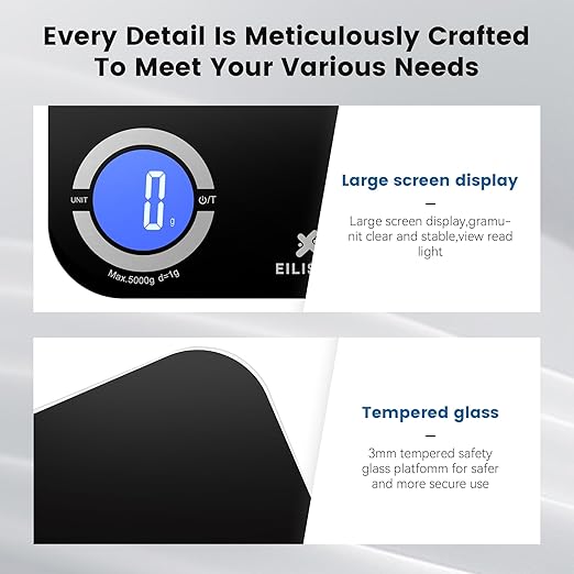EILISON Smart Kitchen Scale with Bluetooth App, High-Precision Digital Food Scale for Baking, Cooking & Diet, 8000 Food Database, 24 Nutrients, Touchscreen, Tare Function, 5g-8000g Capacity (Black)