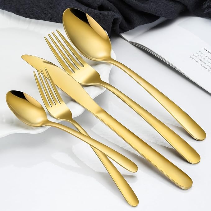Hunnycook 60-Piece Gold Silverware Set - Stainless Steel Silverware Set for 12, Includes Forks Spoons and Knives, Utensil Sets for Home Kitchen Restaurant, Dishwasher Safe
