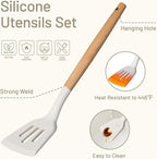 CAROTE Silicone Cooking Utensils Set, Kitchen Utensils Set 10 Pcs for cooking, BPA Free Spatula Set with Heat Resistant Wood Handles for Nonstick Cookware (Cream White)