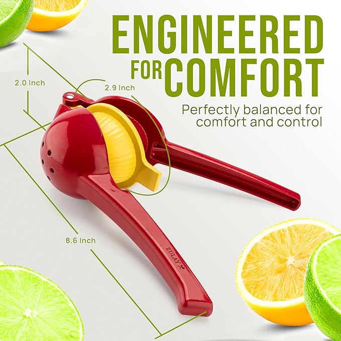 Zulay Kitchen Metal 2-in-1 Lemon Squeezer - Sturdy Max Extraction Hand Juicer Lemon Squeezer Gets Every Last Drop - Easy to Clean Manual Citrus Juicer - Easy-Use Lemon Juicer Squeezer - Red/Yellow