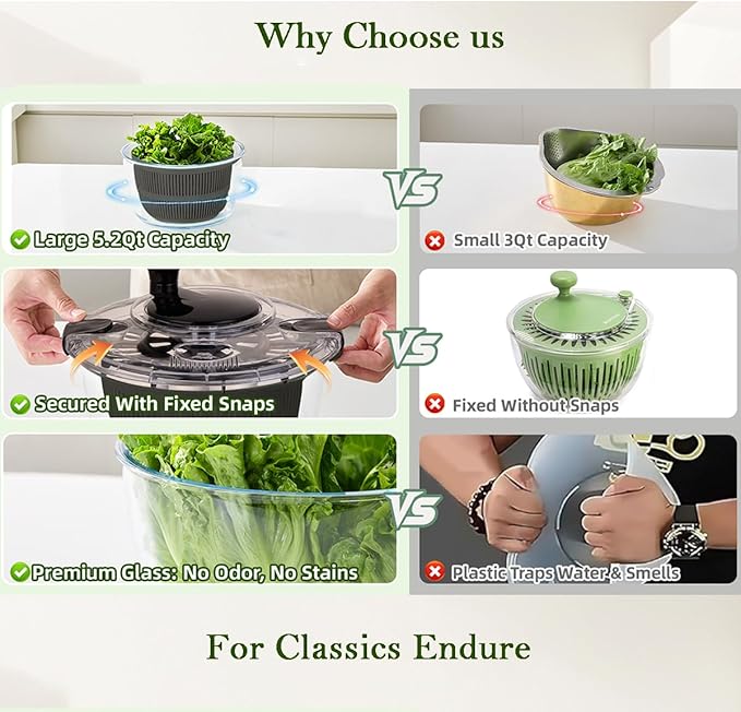 Large 5.2 Qt Glass Salad Spinner Vegetable Dryer with Drain Microwave Safe Dishwasher Safe with Transparent Lid Crank Handle Quick Spin Greens Washer for Lettuce Herbs Fruits (black)