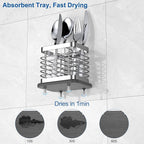 Utensil Holder for Kitchen Counter, Small Stainless Steel Cutlery Holder Organizer with Drying Diatomaceous Earth Base, 2 Slots Utensil Drying Rack Spoon Fork Organizer Crock Storage, Sliver