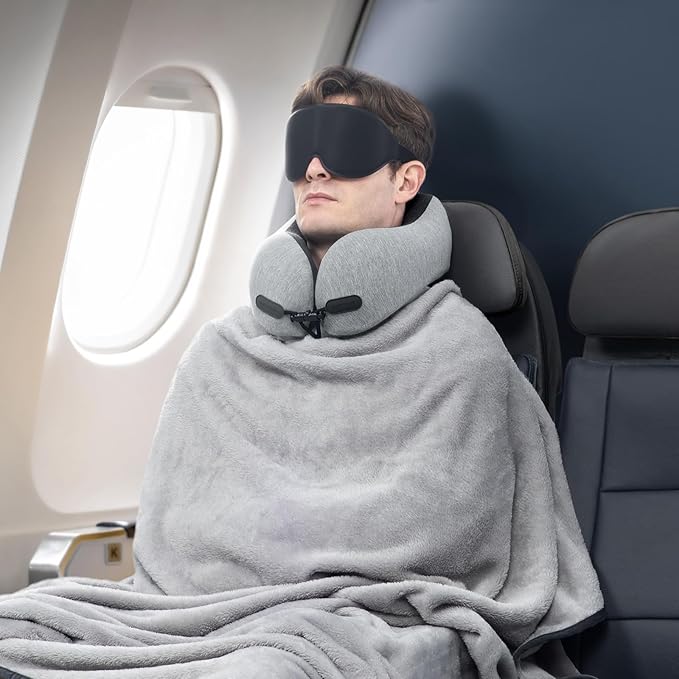 urnexttour Neck Pillow and Blanket Set for Travel Memory Foam Design Models Pillows with Eye Mask and 50% More Storage Bag Traveling Essentials Plane Car Flight Rest Sleeping Use Adult, Light Gray