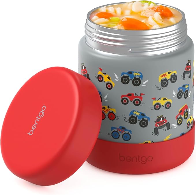 Bentgo Kids Stainless Steel Food Jar - 11oz Leak-Proof Double Insulated Hot or Cold Food Container with Removable Silicone Bumper, Dishwasher Safe, Easy Open Lid, Ages 3+ (Trucks)