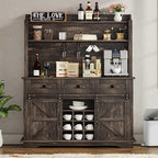 63 Inch Tall Coffee Bar Cabinet with 3-Tier, Kitchen Hutch with 3 Large Drawers, Farmhouse Coffee Bar with 9 Wine Racks & 3 Glass Holders, Wine Storage Cabinet for Living Dining Room, Oak