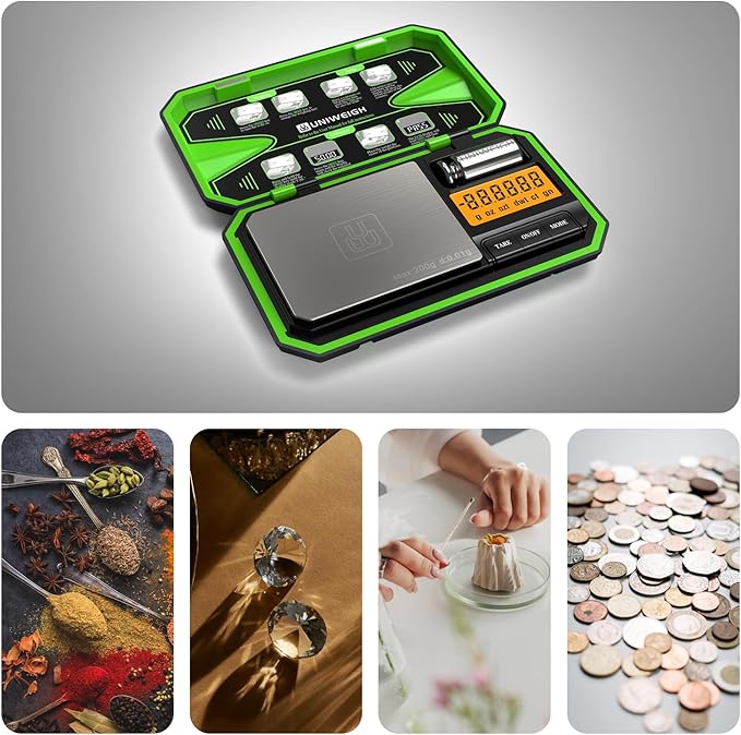 UNIWEIGH Digital Pocket Scale 200g/0.01g, Digital Scale Grams, Jewelry Scale,Coins Scale with 50g Cal Weights for Powder,Small Items,Tea,Jewelry,Coins (Battery Included)-Fluorescent Green