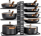 MUDEELA Pots and Pans Organizer Rack under Cabinet 14.55in Height, 8-Tiers Adjustable Pot Rack with 3 DIY Methods, Pot Lid Organizer inside Cabinet for Kitchen Pantry Organization and Storage