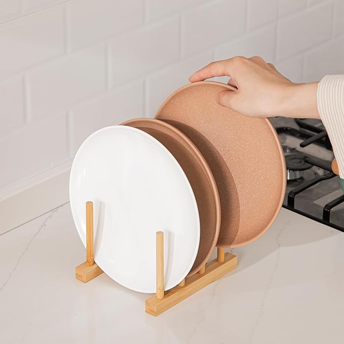 HBlife Bamboo Dish Plate Bowl Cup Book Pot Lid Cutting Board Drying Rack Stand Drainer Storage Holder Organizer Kitchen Cabinet（Keep Dry）