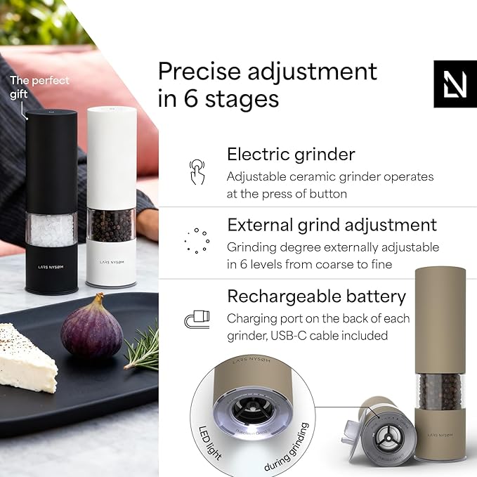 LARS NYSØM Electric Salt and Pepper Grinder Set I Automatic Salt and Pepper Mills with Adjustable Ceramic Grinder I USB Rechargeable Electric Spice Mill Set with LED Light (Taupe Brown)