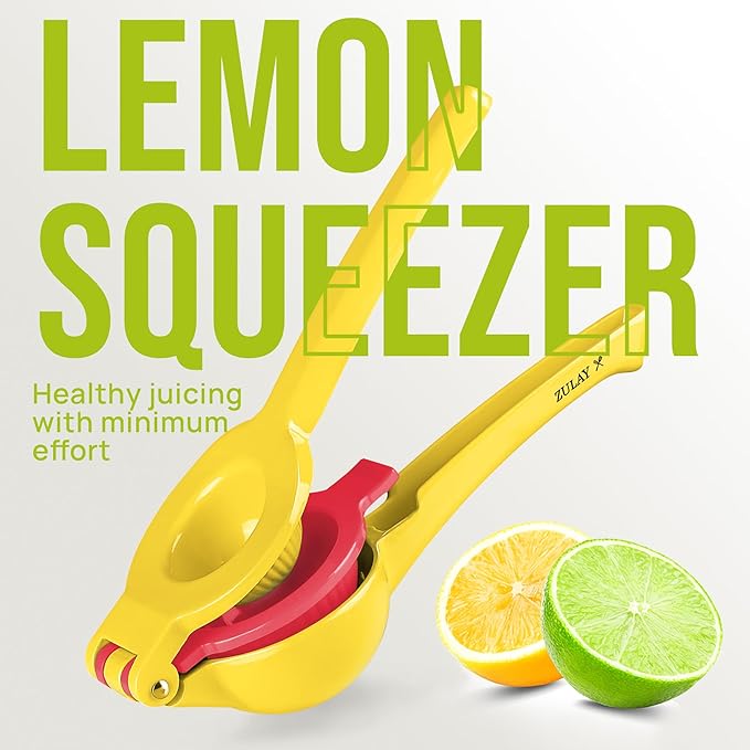 Zulay Kitchen Metal 2-in-1 Lemon Squeezer - Sturdy Max Extraction Hand Juicer Lemon Squeezer Gets Every Last Drop - Easy to Clean Manual Citrus Juicer - Easy-Use Lemon Juicer Squeezer - Yellow/Red