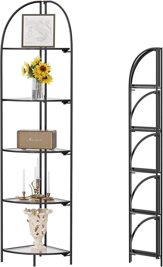 Crofy Foldable 5 Tier Corner Shelf, Metal Corner Plant Stand with Black Frame and Transparent Shelves, Corner Display Rack Multipurpose Shelving Unit for Living Room, Bedroom, Bathroom