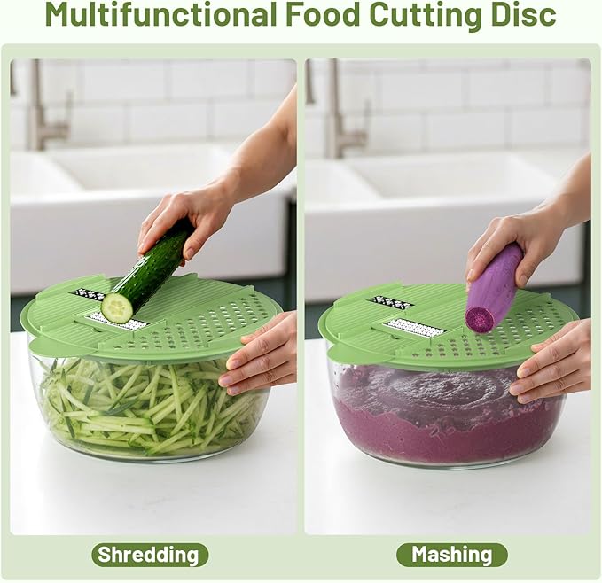 Salad Spinner, 5.3 QT Lettuce Spinner with Strainer, Fruit Cleaner with 4 Replaceable Blade for Shredding, Slicing and Pureeing, Salad Washer & Dryer for Quick Washing (Green)