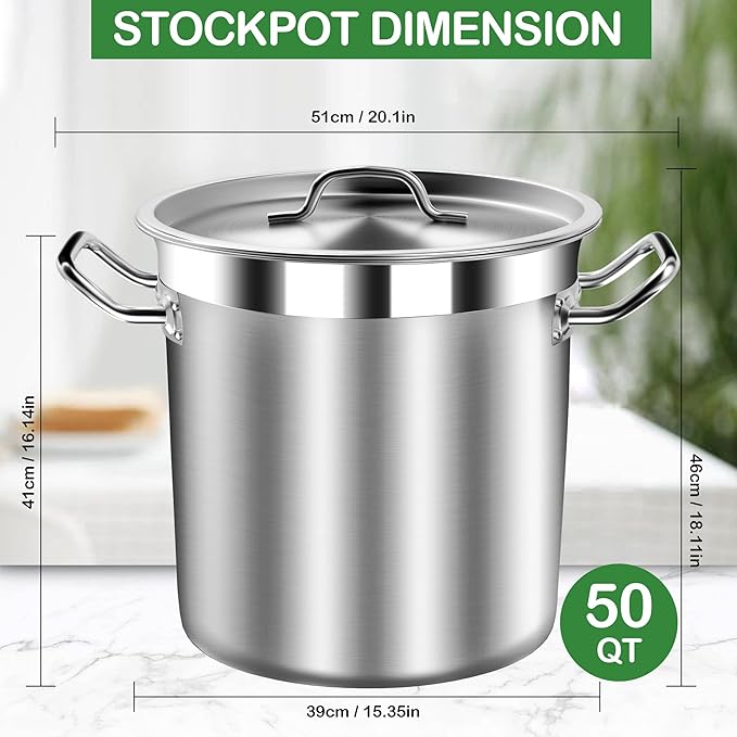 STOCKPOT Commercial Grade Large Stock Pot - Soup Pot with Lid - Non-Nickel Stainless Steel - Healthy Cookware Polished Stockpots - Heavy Duty - 50 Quart (12.5Gallon)