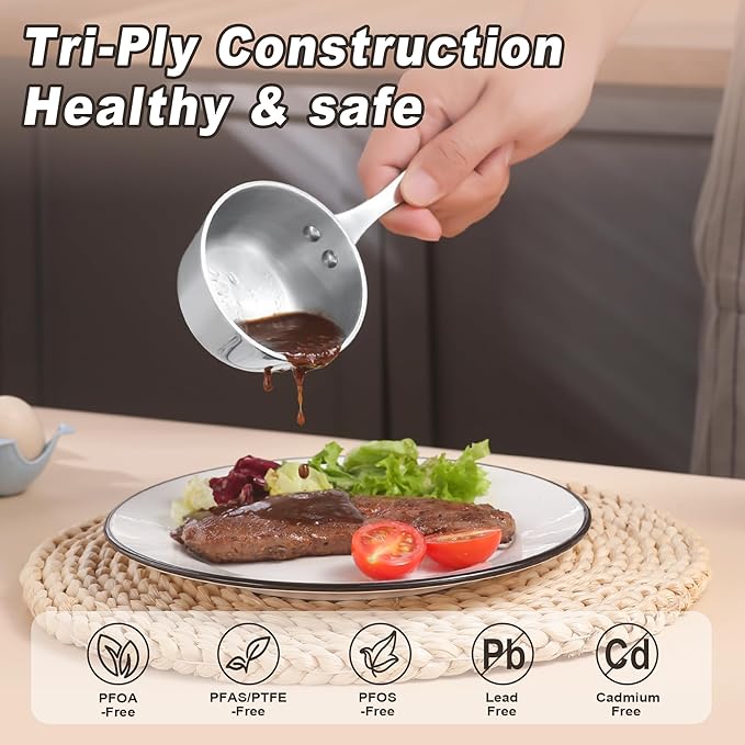 Mini Sauce Pan, Tri-Ply Stainless Steel Pot with Stay-Cool Handle Heating Sauce Gravy & Oil (5oz/150ml) - Silver