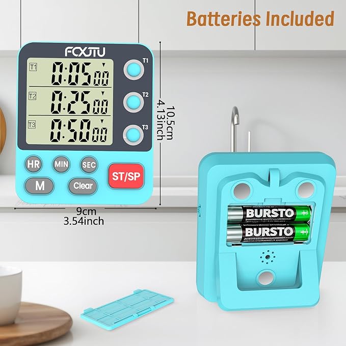 FCXJTU Digital Dual Triple Kitchen Timer, 3 Channels Magnetic Countdown Stopwatch Timer for Cooking, Loud Alarm Large Display Multi Food Memory Timer for Seniors & Teachers Battery Included (Blue)