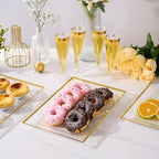 FOCUSLINE 8 PCS Plastic Serving Trays for Party, Clear and Gold Rim Serving Platters and Trays, Premium Plastic Fruit Tray, Disposable Platters for Cupcake, Dessert, Appetizers