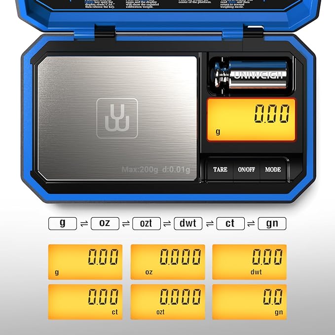 UNIWEIGH Digital Pocket Scale 200g/0.01g, Digital Gram Scale, Mini Jewelry Scales Digital Weight Grams with 50g Cal Weights for Food,Jewelry,Coins,Small Items,Coffee (Battery Included)-Blue
