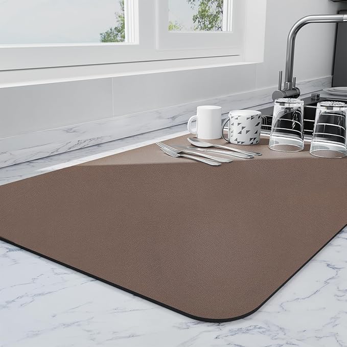 Ecotrim - Dish Drying Mat for Kitchen Counter | Coffee Bar Mat for Countertops | Heat Resistant Drainer Mat with Non-slip Rubber Backed | Hide Stain Kitchen Absorbent Draining Mat | Brown 16"x24"