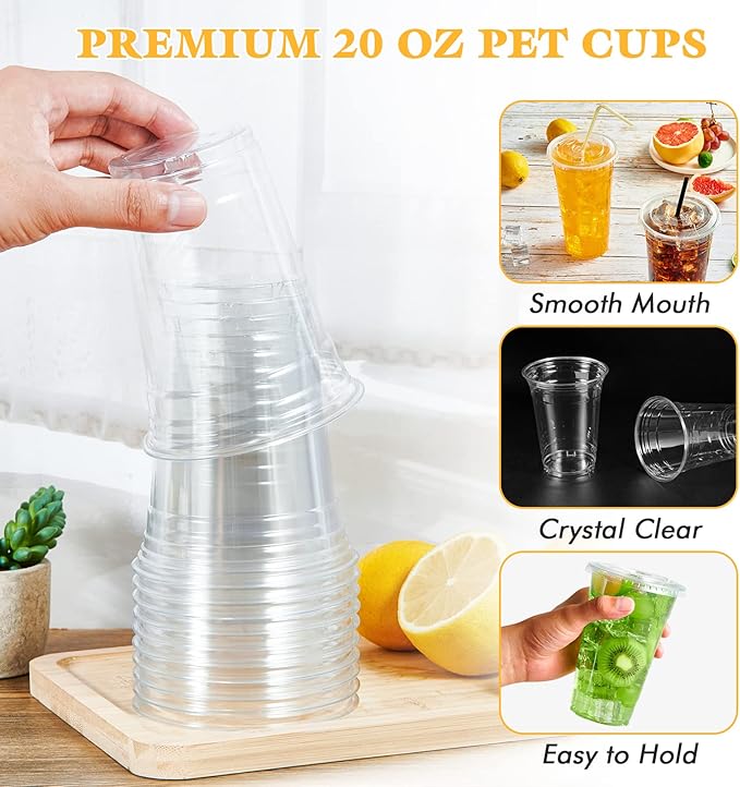 Vplus 160 Pack 20 OZ PET Clear Plastic Cups with Lids, 20 OZ Crystal Cold Disposable Drinking Plastic Cups with Flat Lids, Perfect for Ice Coffee, Smoothie, Juice