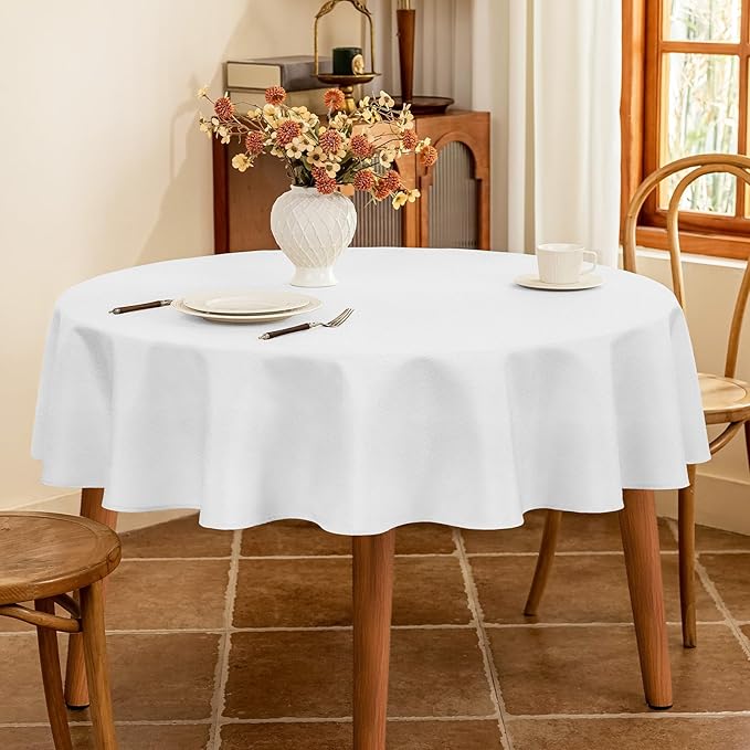 Fabric 60 Inch Round White Table Cloth, Faux Linen Textured Water Resistant & Wipeable Circle Tablecloth, Reusable for Dinning Kitchen Patio