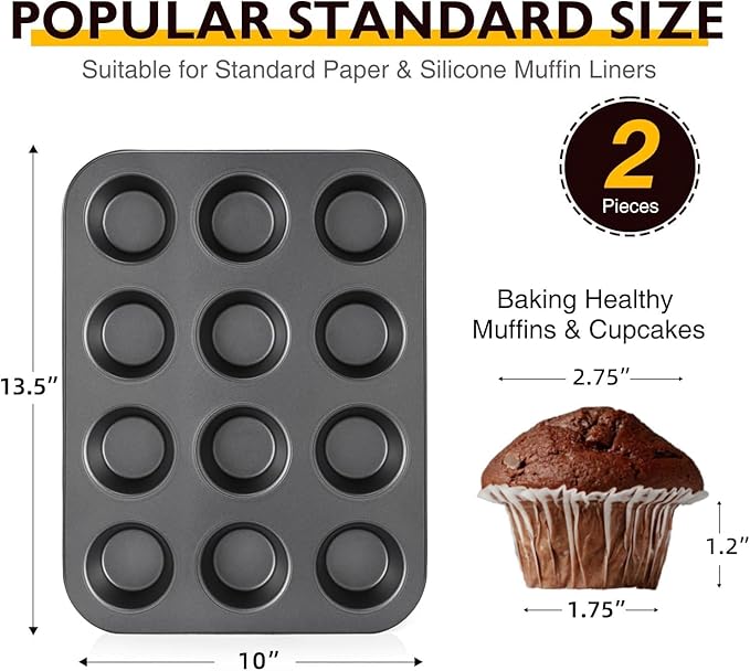 HONGBAKE Non-Stick Muffin Pans 12 Cup, Carbon steel Cupcake Pan for Baking, 2 Pack Non toxic Health Muffin tin -Dark Grey