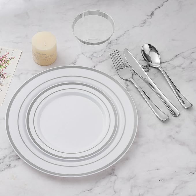 BESTVIP 900PCS Silver Dinnerware Set for 150 Guests, Plastic Plates for Party, 150 Silver Disposable Plates, 150 Dessert Plates, 150 Cups, 150 Spoons, 150 Forks and 150 Knives
