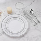 BESTVIP 900PCS Silver Dinnerware Set for 150 Guests, Plastic Plates for Party, 150 Silver Disposable Plates, 150 Dessert Plates, 150 Cups, 150 Spoons, 150 Forks and 150 Knives