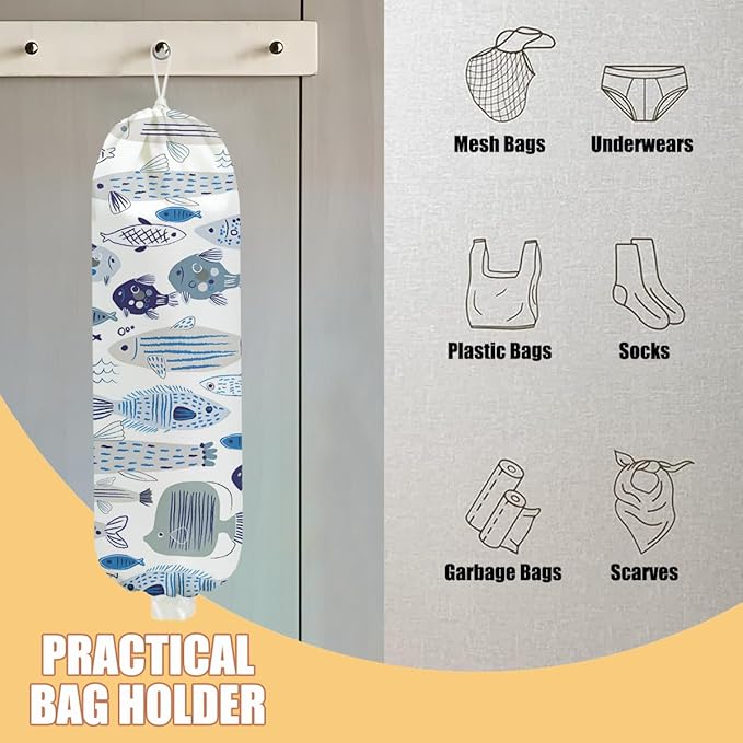 Fish Plastic Bag Holder, Wall Mount Grocery Bag Holder, Plastic Storage bag, Pull Rope Free Adjustment, Plastic Bag Holders for Grocery Bags, Plastic Bag Dispenser for Home Kitchen