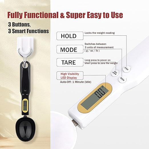 Food Measuring Spoon, Digital Kitchen Scale, high-Precision Small Scale, Handheld use, with Weight Removal Function (White)