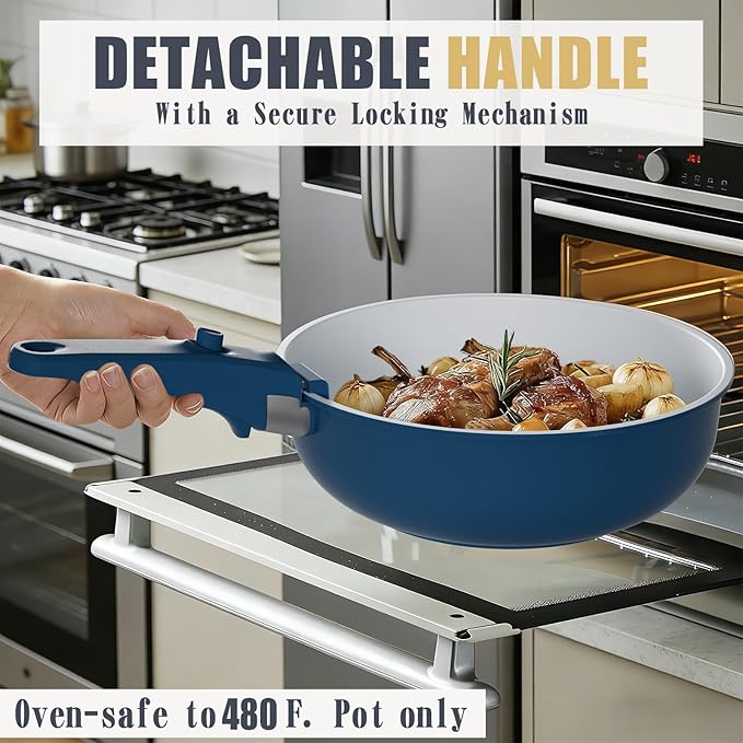 Umite Chef Pots and Pans Set Non Stick, 21 pcs Ceramic Cookware Set with Detachable Handles, Healthy Induction Cookware Oven Safe RV Kitchen Cooking Set with Utensils, PFAS PFOA & PTFE Free, Navy