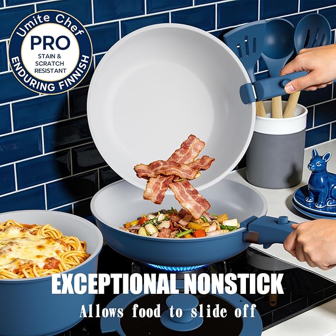 Umite Chef Pots and Pans Set Non Stick, 21 pcs Ceramic Cookware Set with Detachable Handles, Healthy Induction Cookware Oven Safe RV Kitchen Cooking Set with Utensils, PFAS PFOA & PTFE Free, Navy