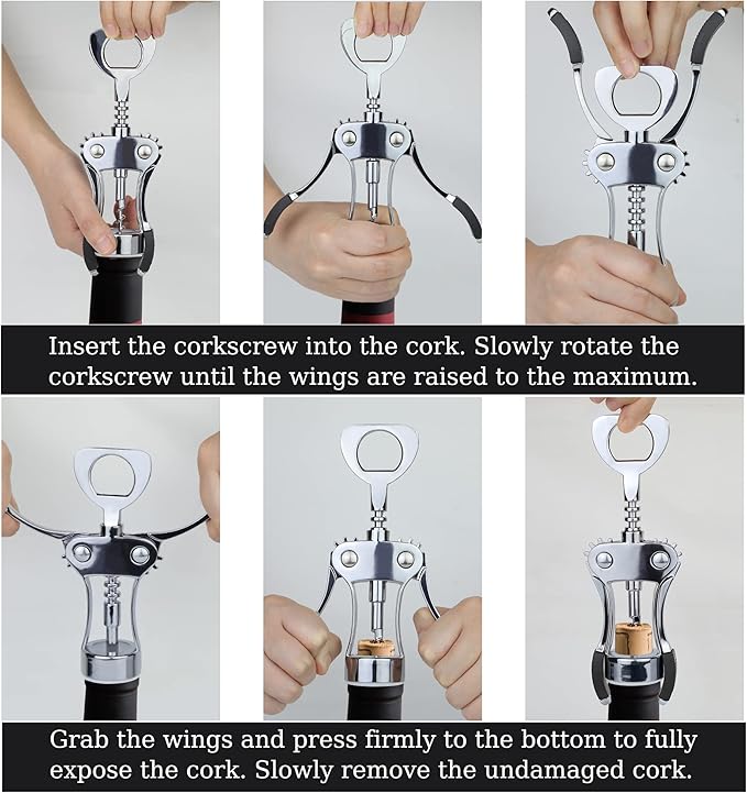 KORCCI Wine Opener, Heavy-Duty Zinc Alloy Wing Corkscrew, Premium Beer Bottle Opener, Multifunctional Wine Accessories with Ergonomic Handle and Sharp Screw, for Kitchen, Bar, Restaurant (SILVER)