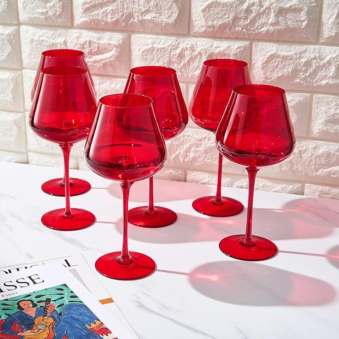 Red Ruby Crystal Wine Glasses Set of 6 | Elegant 20oz Tall Drinkware | Festive Holiday & Christmas Glassware for Hosting and Gifting | Sophisticated Italian-Inspired Barware for Wife, Mom, or Friend