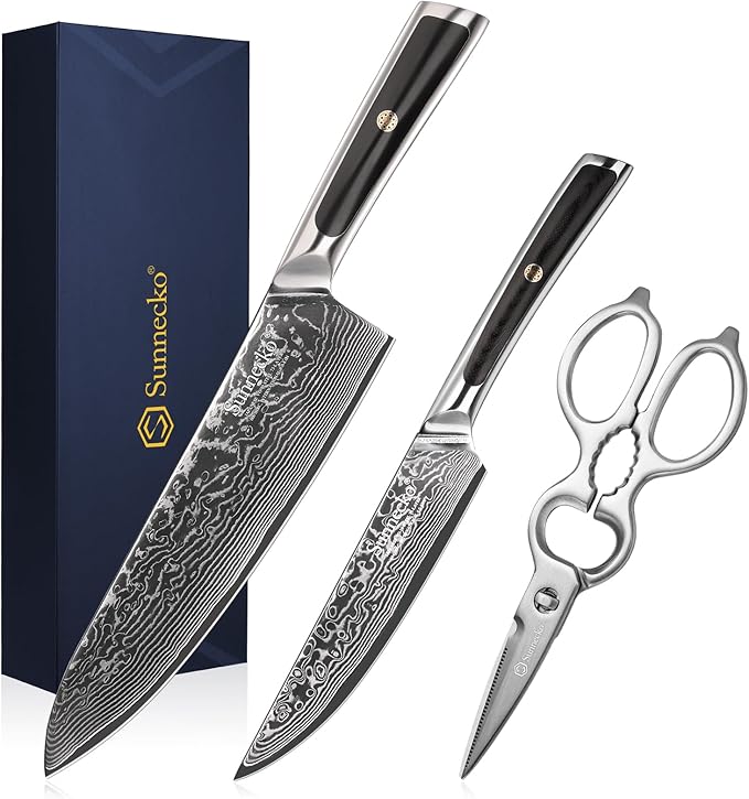 Sunnecko Damascus Kitchen Knife Set 3 Piece, Sharp Chef Knife Set with Kitchen Scissors, Professional Kitchen Knives Sets Full Tang with Gift Box