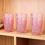 Loivttvv 6pcs Vintage Drinking Glasses Set, 12 oz Pink Highball Glasses, Embossed Ribbed Glassware Cups for Cocktail, Water, Juice, Coffee, Whiskey