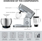 Multifunctional Stand Mixer, 6 in 1 Stand Mixer, 6.3Qt Tilt-head, Standing Mixer with Stainless Steel Bowl, Meat Grinder, Juice Blender, for professional Baking and Most Home Cooks, Silver