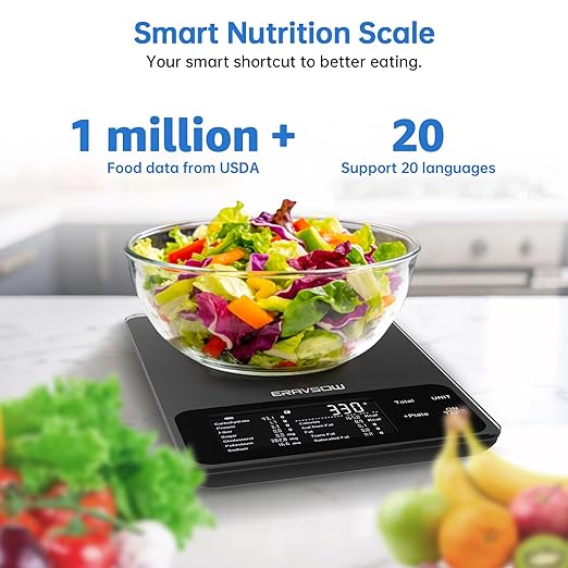 Smart Food Kitchen Scale with Nutritional Calculator, 30 Nutrients App for Tracking Calories, Fat, Carbs & Protein, Personal Goals and Daily Reports, On-Screen Nutrient Info, 22lb/10Kg